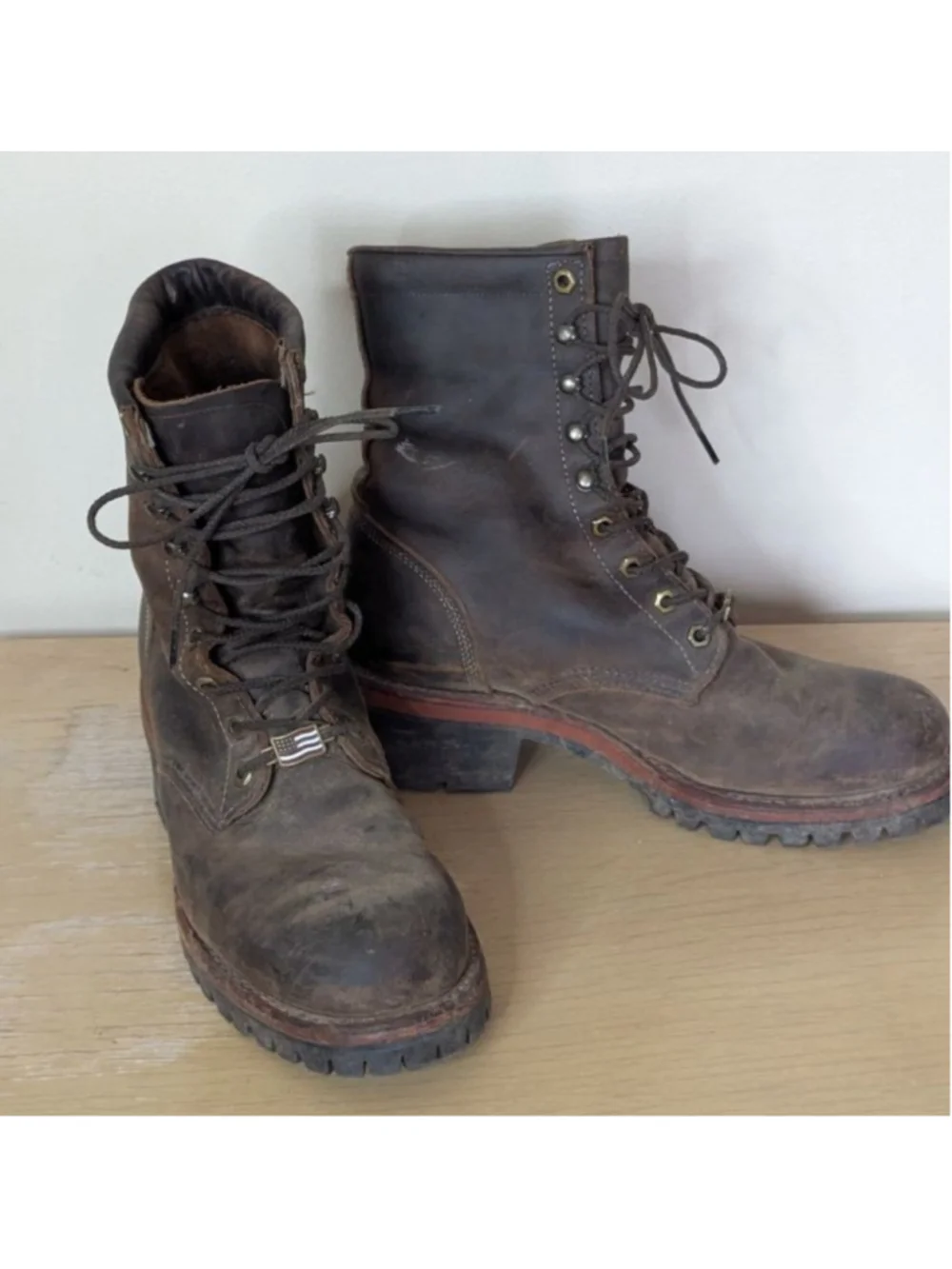 Men's Chippewa Brown Leather Work Boots 9.5 with Red Accents